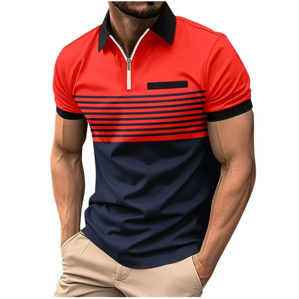 Ceisia Men's Color-Blocked Striped Zip-Up Short Sleeve Polo Shirt Casual Summer Top Red M Gifts