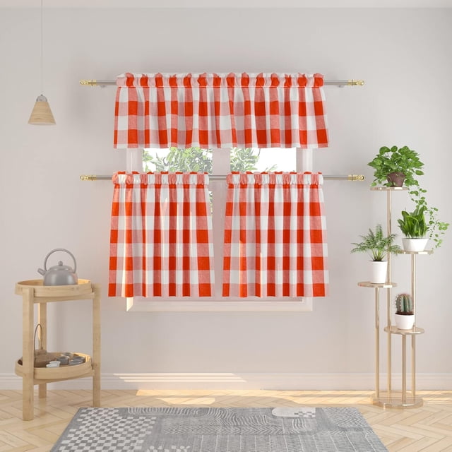 Ensemble de Rideaux de Fenêtre de Cuisine Style Ferme Campagnarde Classique en Coton, 3 Pcs - Carreaux Buffalo Rouges et Blancs, Cantonnière et Panneaux, 54 Pouces x 18 Pouces / 27 Pouces x 24 Pouces