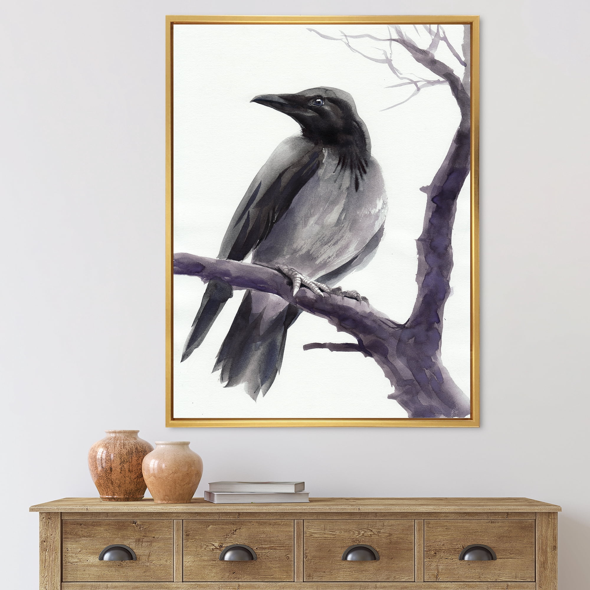 Designart 'Big Crow Sitting On A Branch' Traditional Framed Canvas Wall Art Print