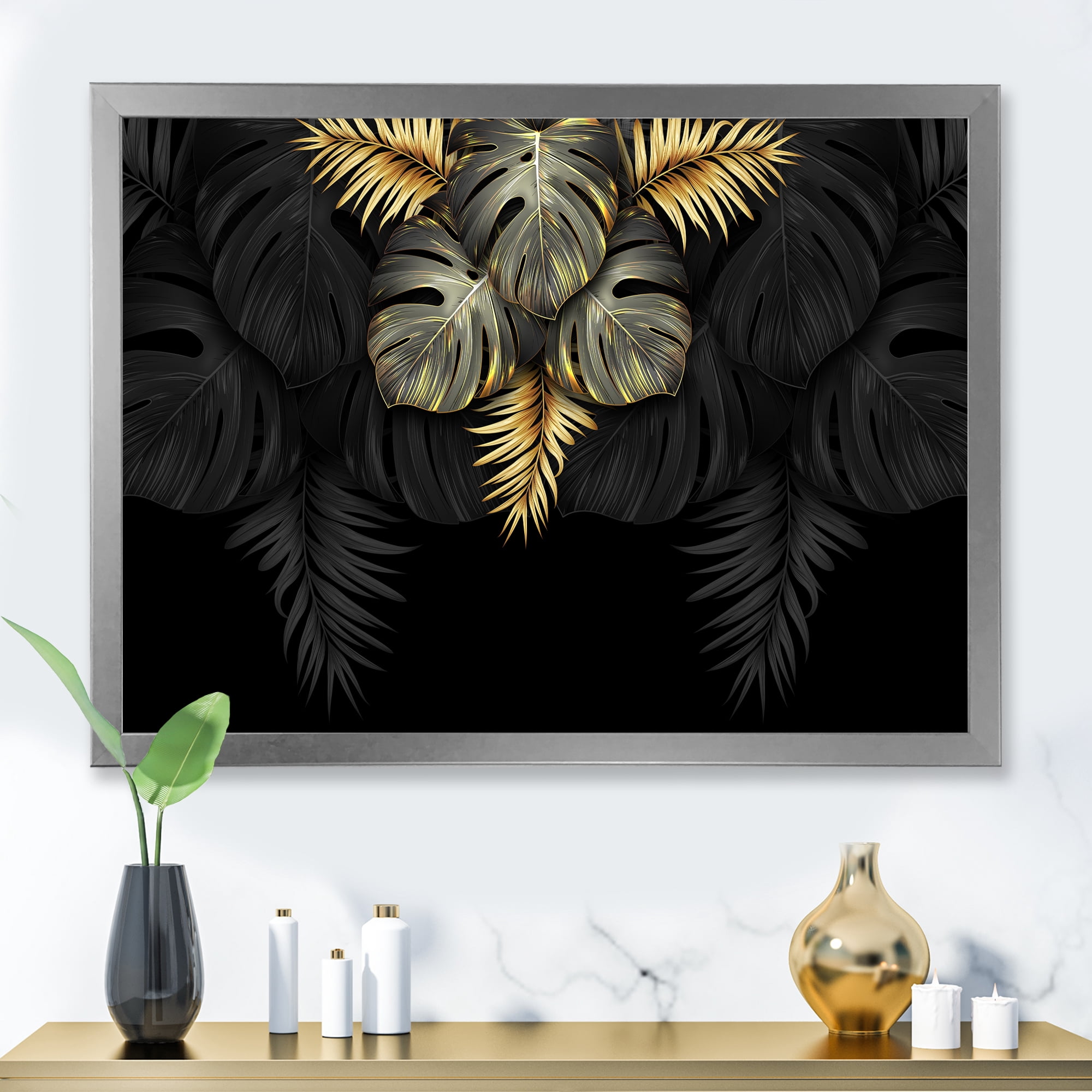 Designart 'Gold and Black Tropical Leaves IV' Modern Framed Art Print