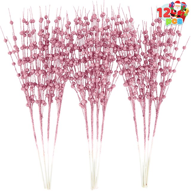 Tallos de bayas artificiales con purpurina rosa, 12 unidades, 43 cm, Joiedomi