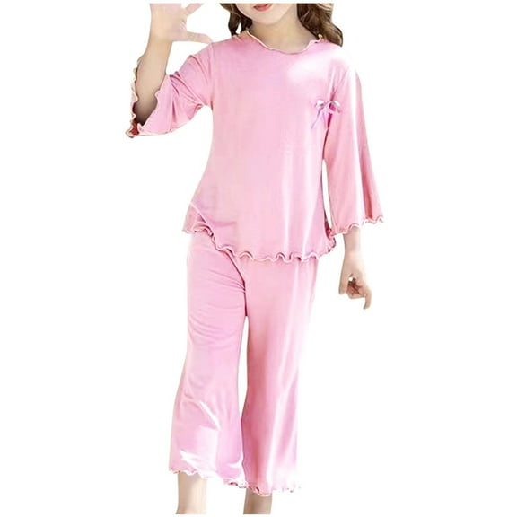 Gpaecead Girls' Casual Loungewear Long Sleeve Tops Round Neck Solid Kids Sleepwear Pajamas Set Pink