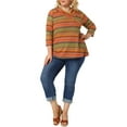 thumbnail image 2 of MODA NOVA Juniors Plus Size Stripe Knitted Boho 3/4 Sleeve V Neck Top 1X Orange, 2 of 7