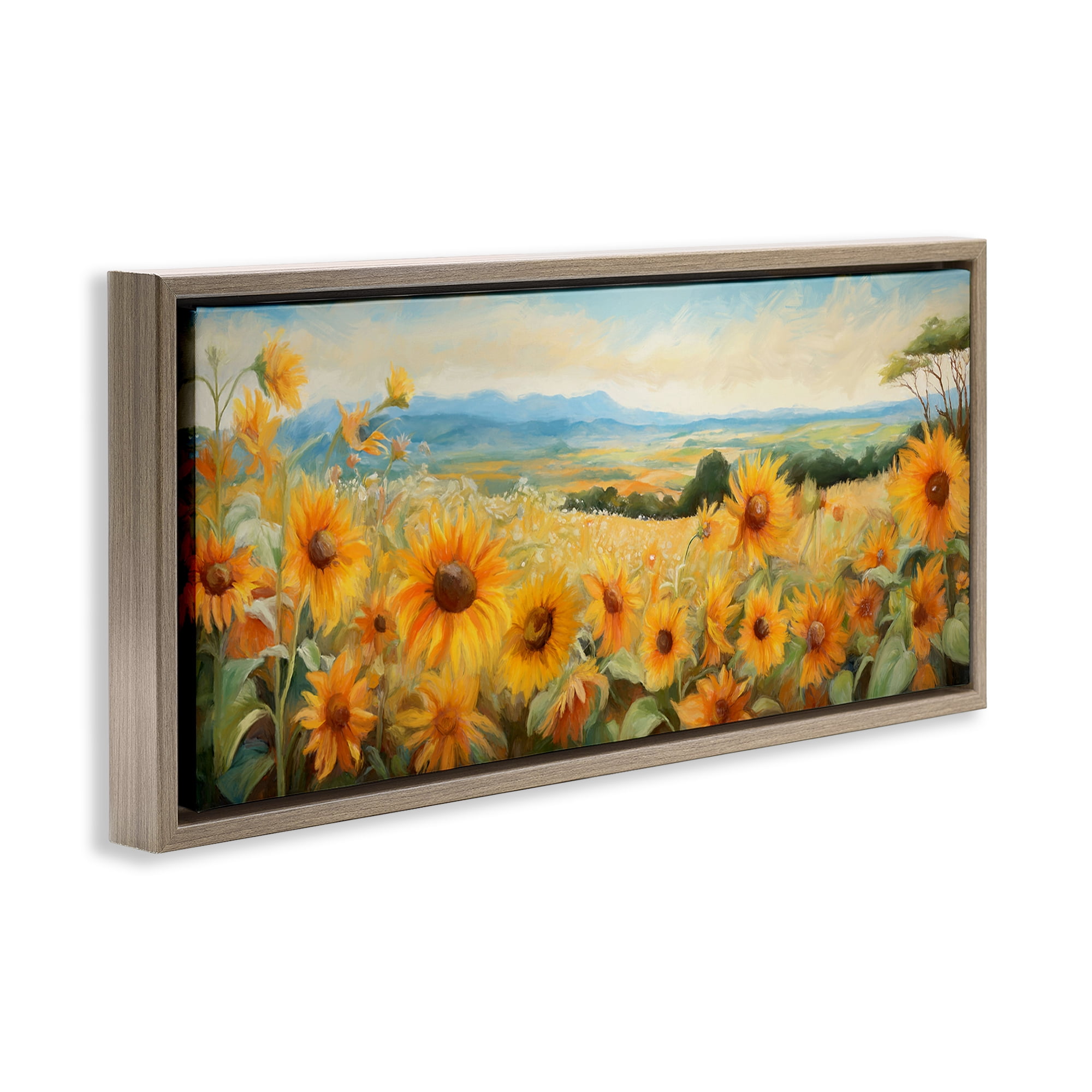 Stupell Industries Sunflower Fields Panorama Landscape & Nature Painting Brown Floater Framed Canvas Art Print Wall Art, 31 x 14