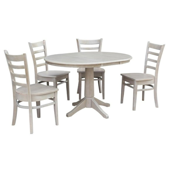 36" Round Extension Wood Dining Table With 4 Emily Chairs in Washed Gray Taupe