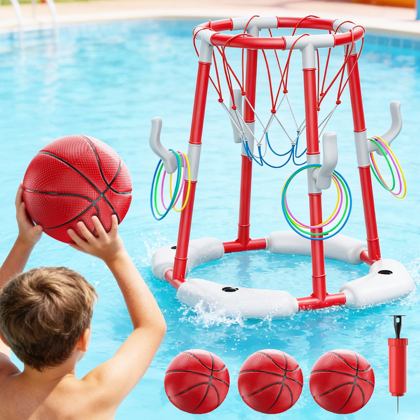 JoyStone 2-in-1 Floating Pool Basketball Hoops & Pool Ring Toss Game, Pool Basketball Toys with 3 Balls & 12 Rings, Inflatable Swimming Pool Toys for Toddlers, Red