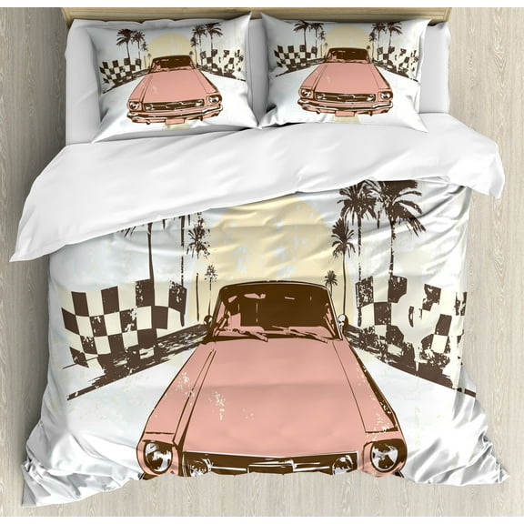 Grunge Duvet Cover Set, Vintage Feelings Car Sport Checkers Palms Sun Retro Racing Themed Print, Decorative 3 Piece Bedding Set with 2 Pillow Shams, King Size, Mint Green Yellow Coral, by Ambesonne