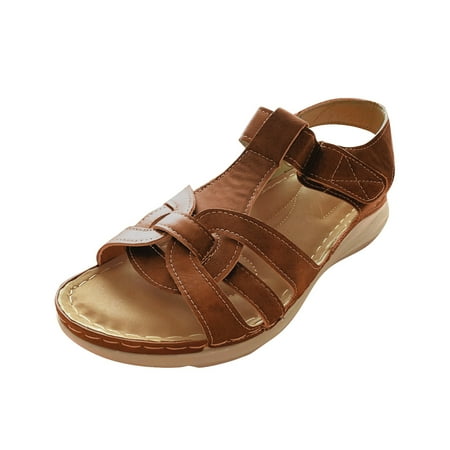 CHOII 50% Clearance Sandals One Button Light Flat Shoes Casual Rubber Sole Sandals Women s Sandals Velcro Slippers Easy and Convenient Unique Upper Design Ankle Strap Sandals Comfort Sandals Brown/7.5