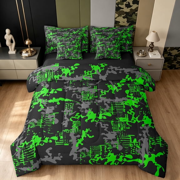Manfei Abstract Camouflage Twin Bedding, Mid Century Camo Bedding Comforter Set, Black Lime, Black Reversible, 7 Pieces