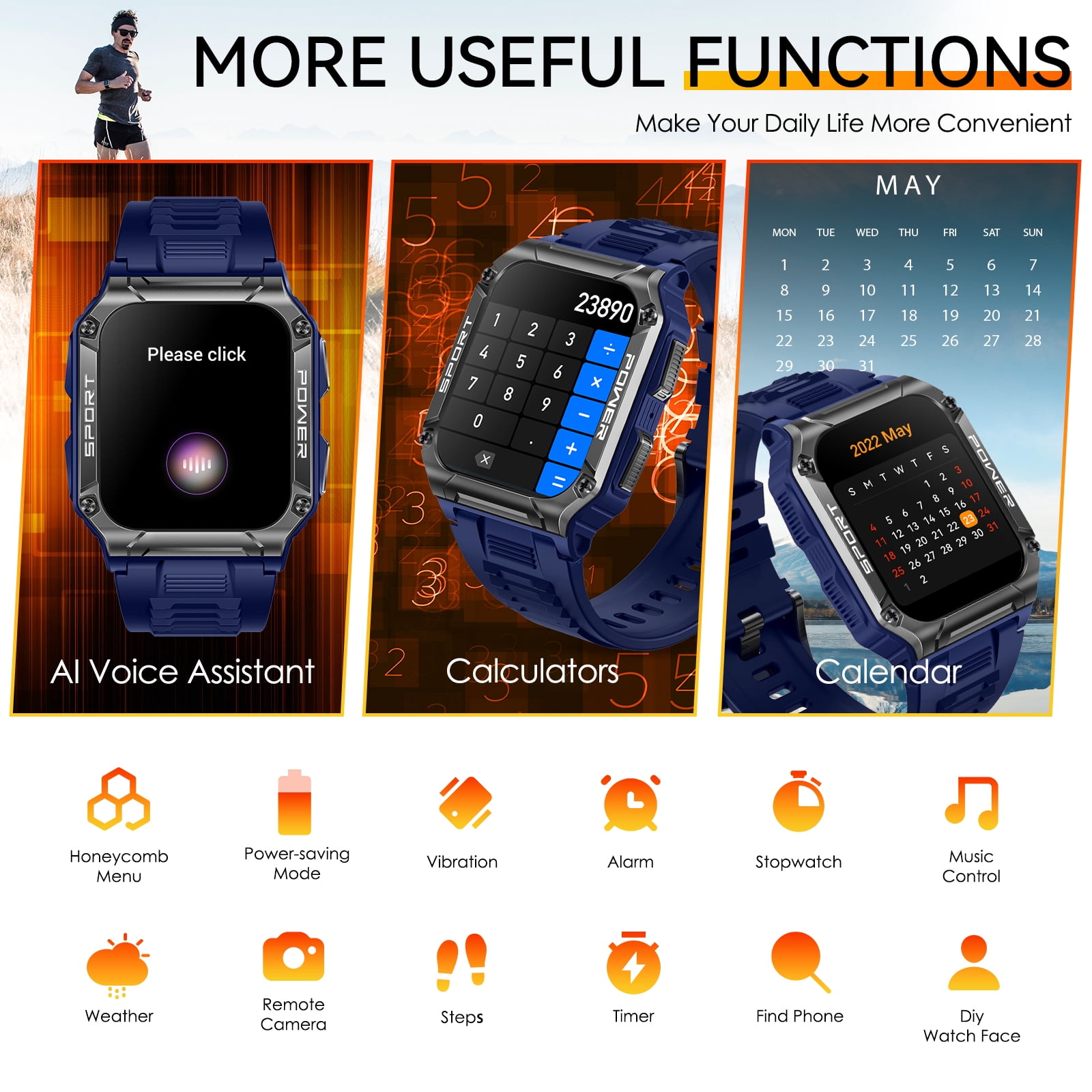 Cyberdyer Military Smart Watch Bluetooth 1.95 mm Black Zinc Alloy Case with Black Silicone Band