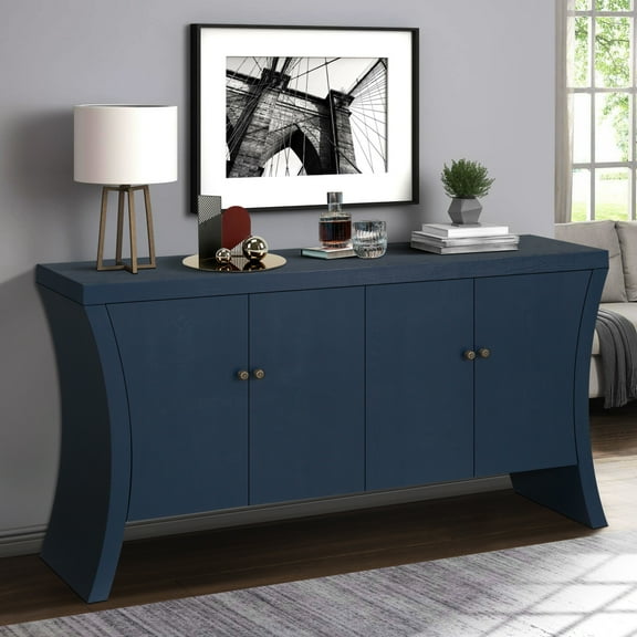 Gzxs Modern 4-Door Credenza with Wooden Arc Legs and Bronze Metal Clasps, 59" Storage Sideboard Cabinet for Living Room, Entryway, Bedroom (Navy Blue)