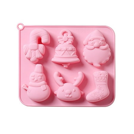 

6 Cavities Christmas Theme Silicone Mold Santa Claus Snowman Bell Sock Elk Crutch Chocolate Cake Mold Holiday Decoration PINK