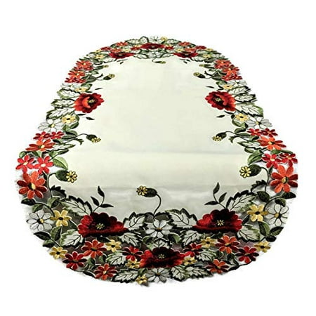 Doily Boutique Table Runner with Red Poppy Flowers on Antique White Fabric Size 34 x 15