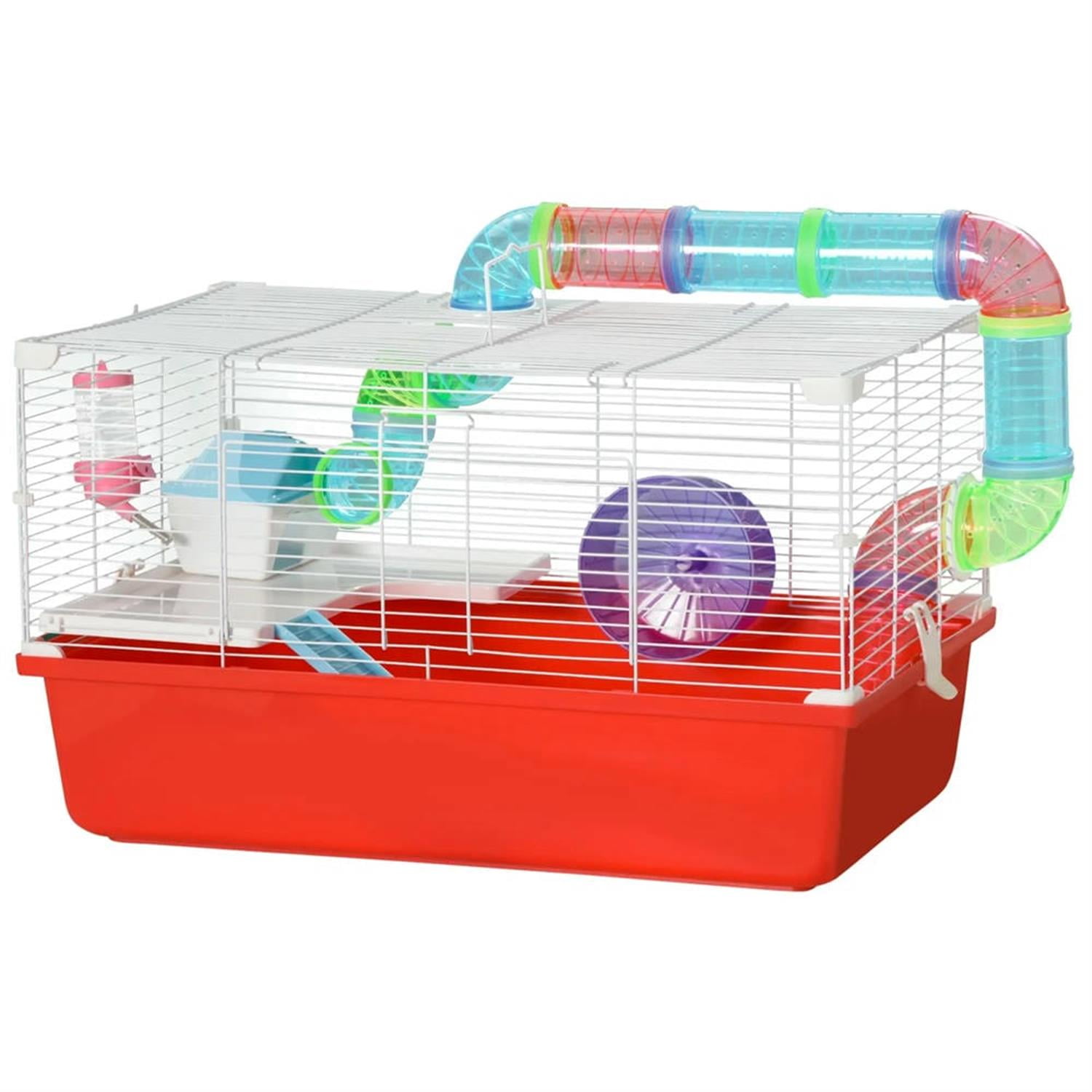 Kadyn 23" 2 Tiers Hamster Cage, Rodent Gerbil Mouse Mice Rat Wire Cage with Exercise Wheels and Water Bottle for Small Animal Habitats, Red