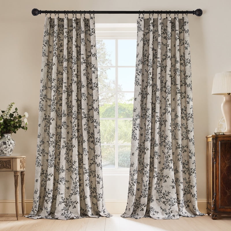 NICETOWN Floral Linen Curtains 84 inch Long, Linen Cotton Floral Pattern Organic Privacy Window Drapes Rod Pocket & Back Tab with Light Filtering for Bedroom Living Room, Pea Green, 52"x84", 2 Panels