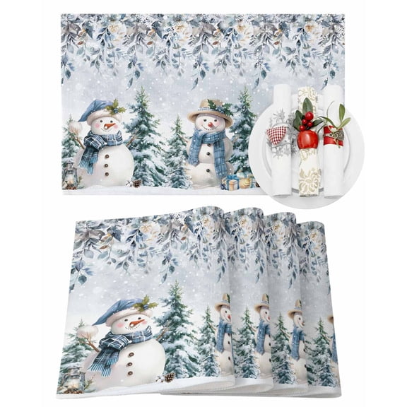 Christmas Placemats Set of 6, Snowman Place Mats Pine Tree Forest Winter Leaves Placemat Table Decoration for Kitchen Table Dinner Xmas Holiday Party Home Decor Indoor Outdoor 13x19 Inch