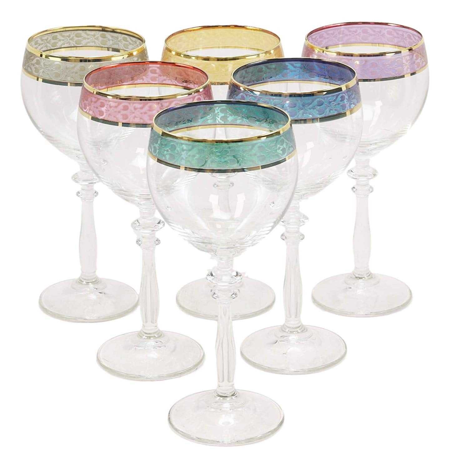 Crystal Glass Wine Stem Glasses Gold Rimmed Goblets Greek Key 'Versailles' 3-pc 