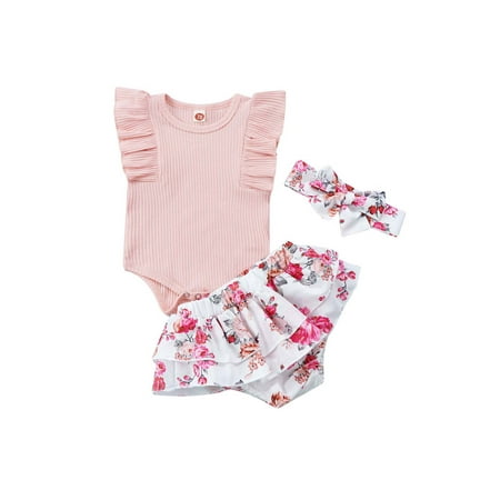 

TheFound Newborn Baby Girl Romper Ruffle Ribbed Romper Bodysuit Floral Short Pants Outfits Summer Clothes