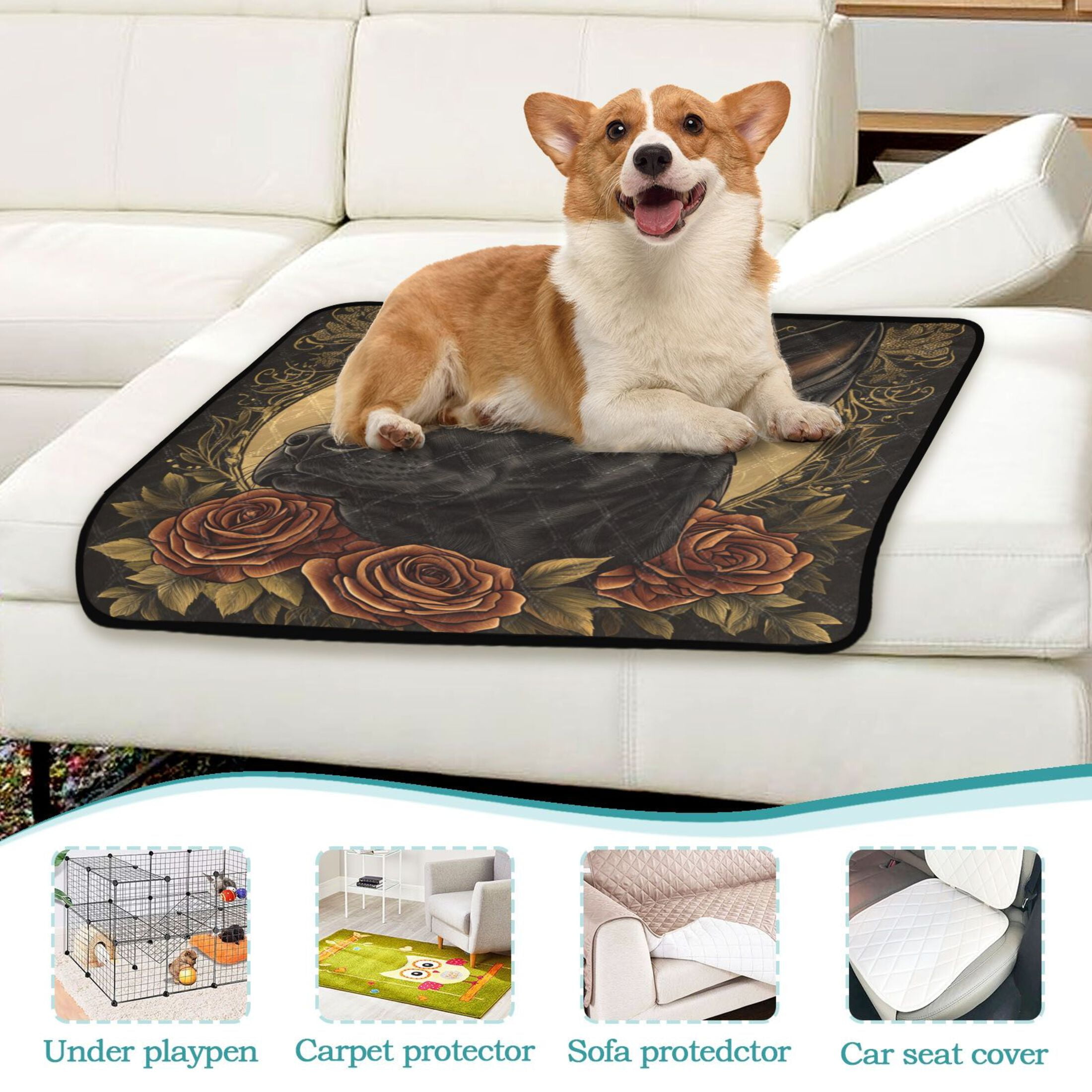 Qxltty The Black Dog with Red Rose Cat litter Pads Pet Set of 3 Diaper Mats Center Anti-leakage Layer Absorbent Soft and Comfortable