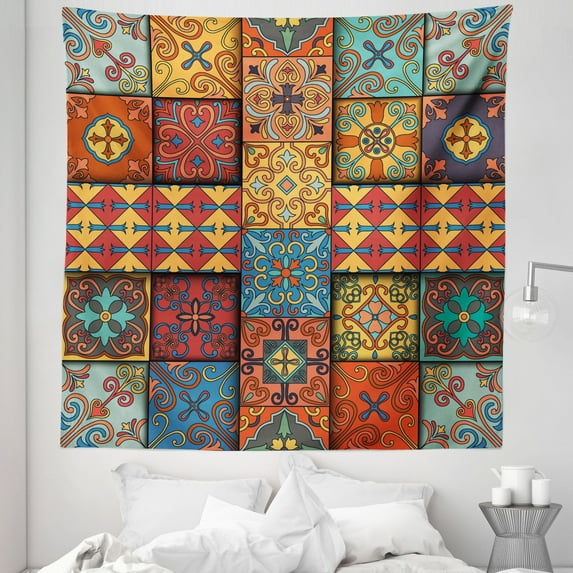 Talavera Tapestry, Colorful Dimensional Look Tile Squares Illustration in Azulejo Style, Fabric Wall Hanging Decor for Bedroom Living Room Dorm, 5 Sizes, Multicolor, by Ambesonne