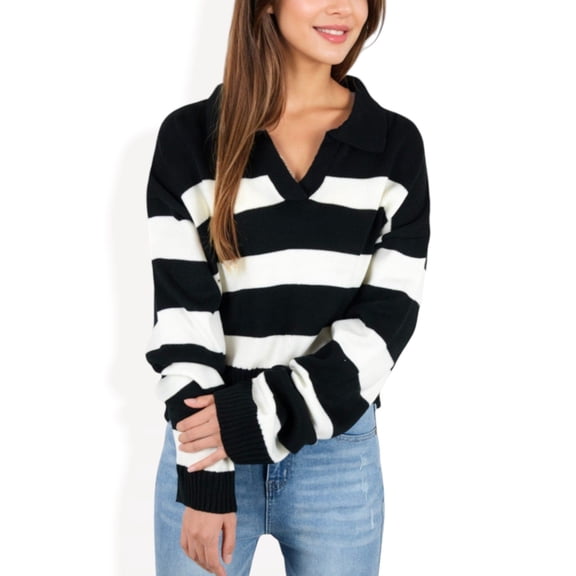 Women's Striped Long Sleeve Knit Sweater with V-Neck Collar- Large, Black