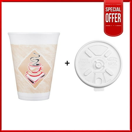 - Dart 12x12G, 12 Oz. Espresso Foam Cup with White Lift'n'Lock Plastic Cup Lid, Disposable Hot and Cold Drink Beverage Tea Coffee Cups (100)