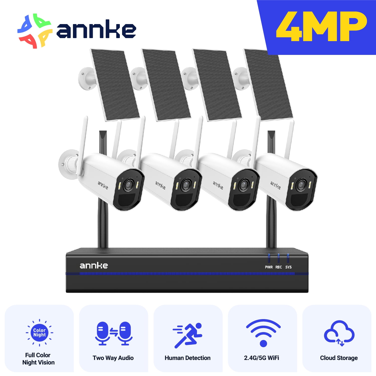 ANNKE 16CH Solar Wireless Security Camera System Outdoor,4PCS 4MP Dual Light WIFI Camera With 16CH 4K NVR ,Color Night Vision,Two Way Audio ,Human Motion Detection,No Hard Drive