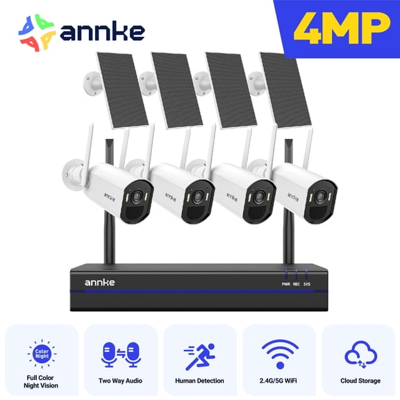 ANNKE 16CH Solar Wireless Security Camera System Outdoor,4PCS 4MP Dual Light WIFI Camera With 16CH 4K NVR ,Color Night Vision,Two Way Audio ,Human Motion Detection,No Hard Drive
