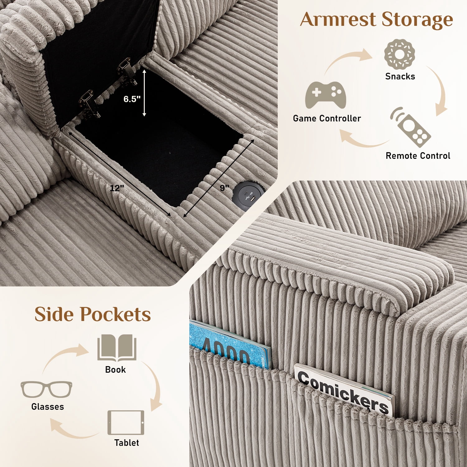 Wiilayok 153" Oversized U-Shaped Cloud Couch Sectional with Modular Design for Living Room: Comfy Corduroy, Ottoman, USB Port, Cup Holder, Armrest Storage, Side Pocket, Grey