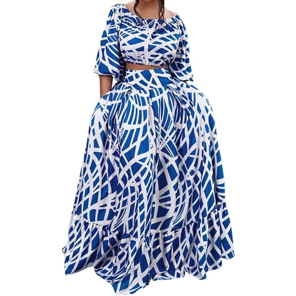 DHFJKG Women's 2 Piece Skirt Sets Floral Summer Outfits Half Sleeve Scoop Neck Crop Top Maxi Skirts With Pockets Vacation Matching Set Holiday Outfit