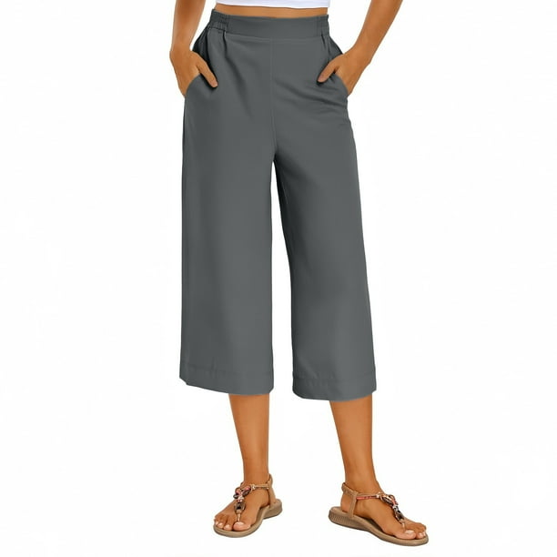 Pantalones de Pierna Ancha de Cintura Alta para las Mujeres de Verano Pantalones Recortados de Color Sólido, Bolsillos Laterales