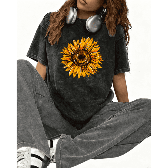 Women's Black Washed Print Tshirt Graphic Tees Shirts Sunflower Art Design Tops S-2XL