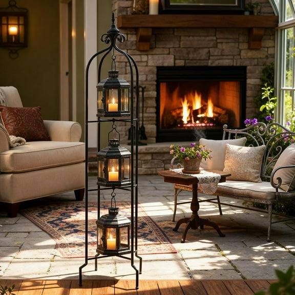 Metal Tall Floor Candle Lantern Holders Set Foldable 45 Inch 3 Tier Candle Stand with 3 Pcs Decorative Lanterns for Indoor Outdoor Yard Porch Room Patio Garden Balcony Wedding