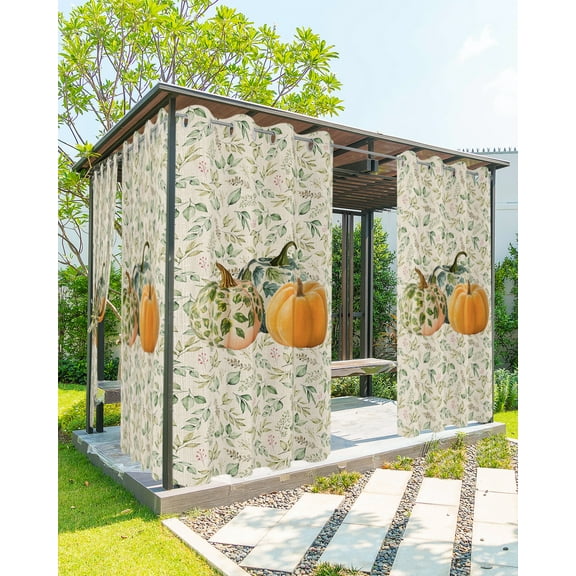Outdoor Curtains for Patio, Fall Thanksgiving Waterproof Blackout Outside Curtain for Porch/Pergola/Gazebo, Pumpkin Green Botanical Rustic Burlap Thermal Insulated Drapes, 1 Panel, 54 x 108 Inch