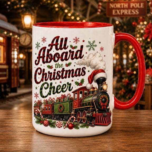Christmas Coffee Mug All Aboard the Christmas Cheer Train Hot Cocoa Cup Holiday Gift