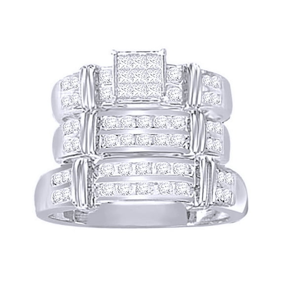 AFFY White Natural Diamond Engagement & Wedding Trio Band Ring Set In 10k White Gold (1 Cttw)
