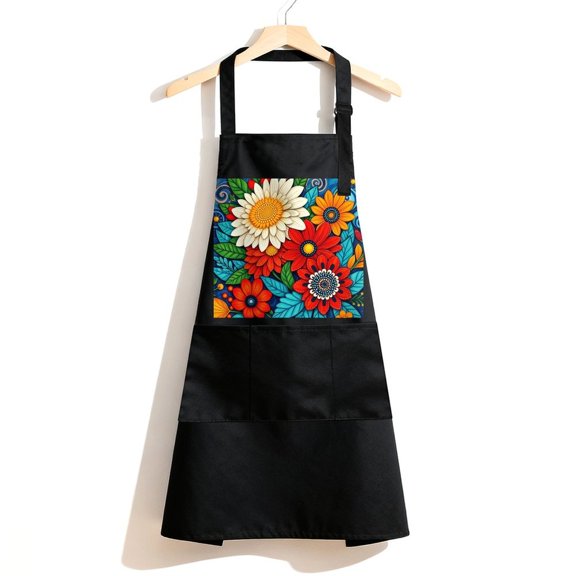 RKSupls Waterproof Bib Apron with 3 Pockets, Colorful Floral Pattern Adjustable Neck Strap Soft Polyester Water Resistant Apron for Kitchen Restaurant Home Use