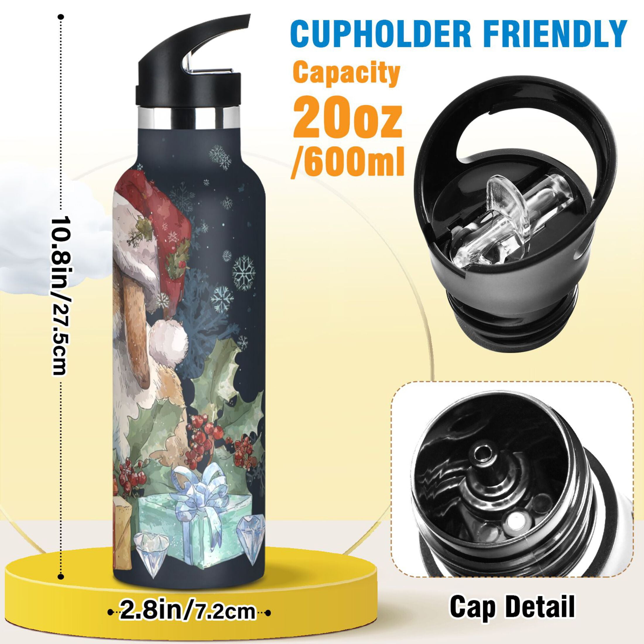 600ML Stainless Steel Insulated Cup Sports Water Bottle Portable Thermos Cup Water Glasses Insulated Tumblers Convenient and Durable Warm Christmas Orange Rabbit