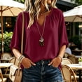 thumbnail image 5 of hoksml Women Raglan Gathered Notch V Neck Dolman Half Sleeve Blouse Cotton Linen Crinkle Loose Curved Hem Casual Top for Daily Vacation, 5 of 7