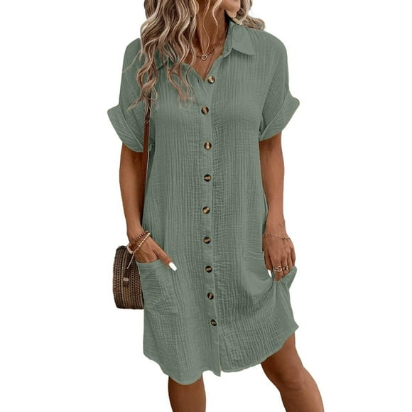 Womens Summer Cotton Linen Button Down V-Neck Casual Short Sleeve Loose Tunic Dresses Gray Green L