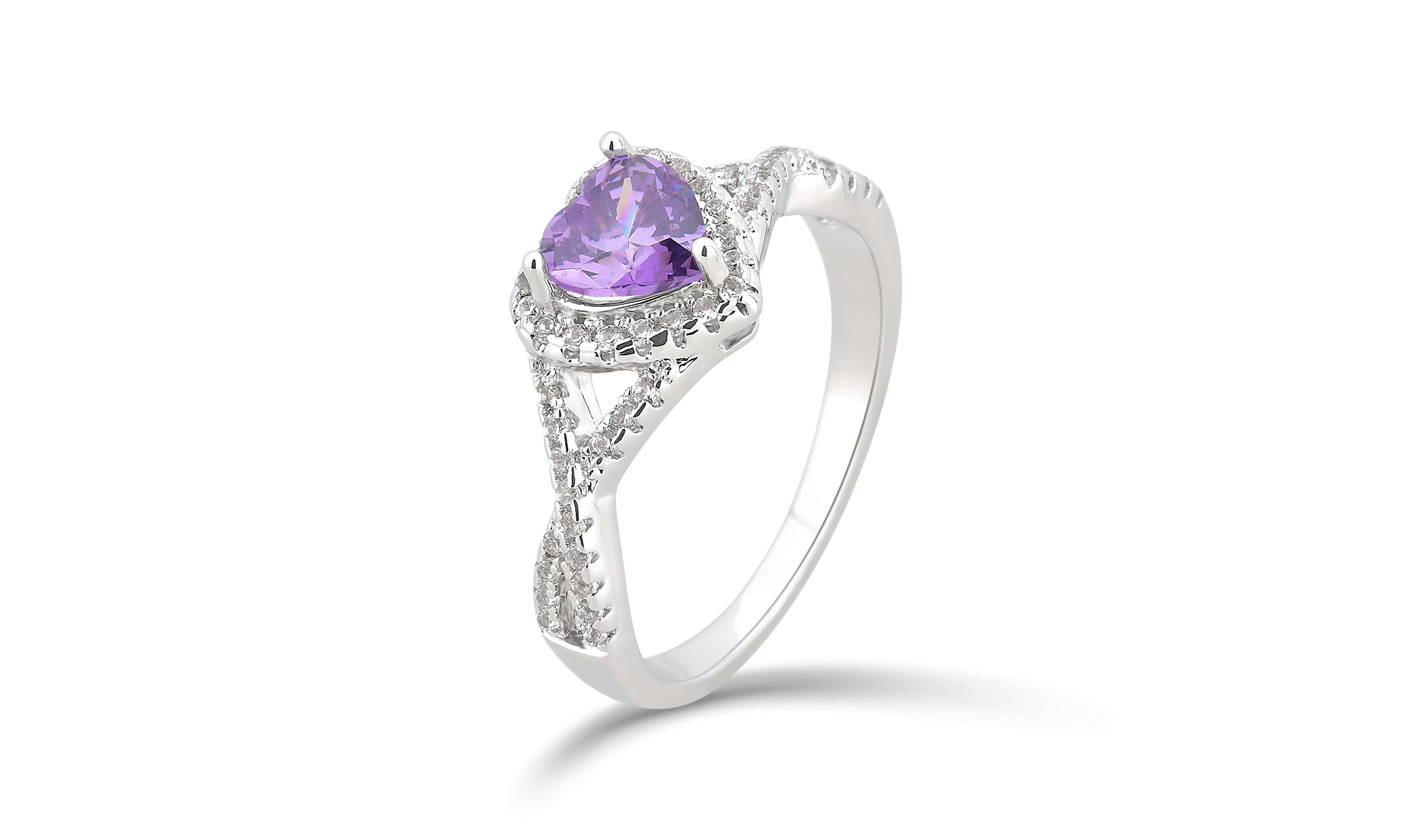 Arista Created Amethyst and White Sapphire Fashion Heart Engagement Ring in Silver Overlay
