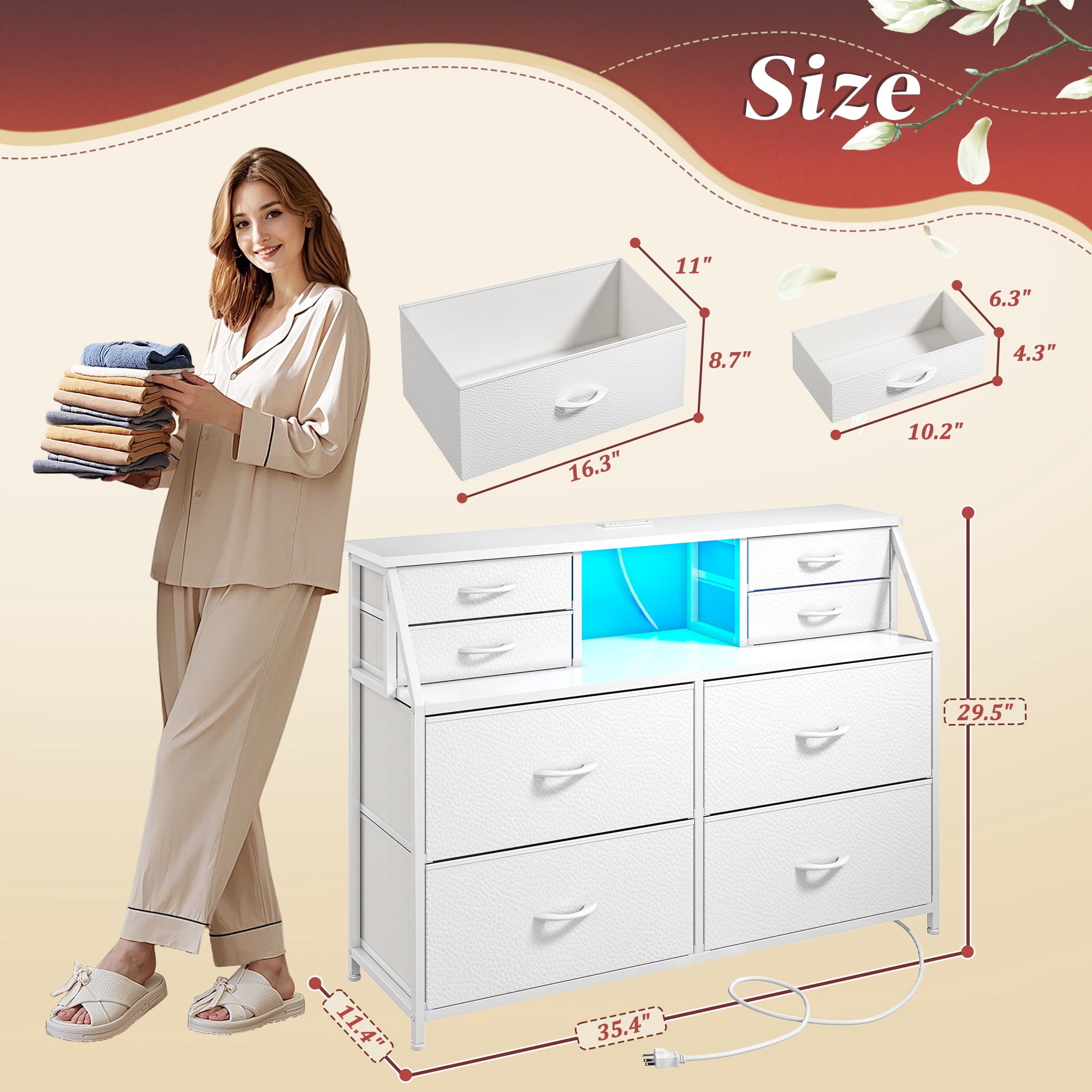 Romorgniz Dresser for Bedroom with 8 Fabric Drawers White Dresser with LED Lights & Charging Station & Open Shelf for Living Room and Entryway