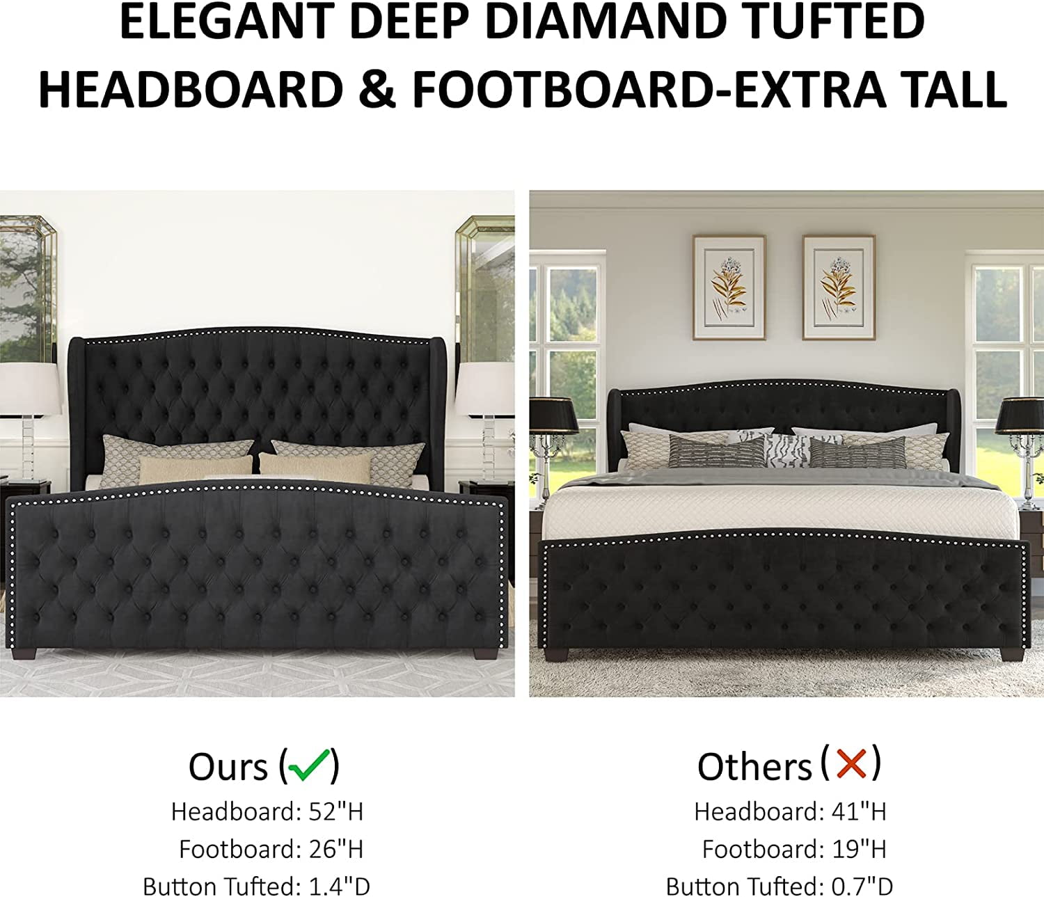 Amerlife Queen Bed Frame with Velvet Upholstery, Tufted Wingback Headboard and Nailhead Trim, Black
