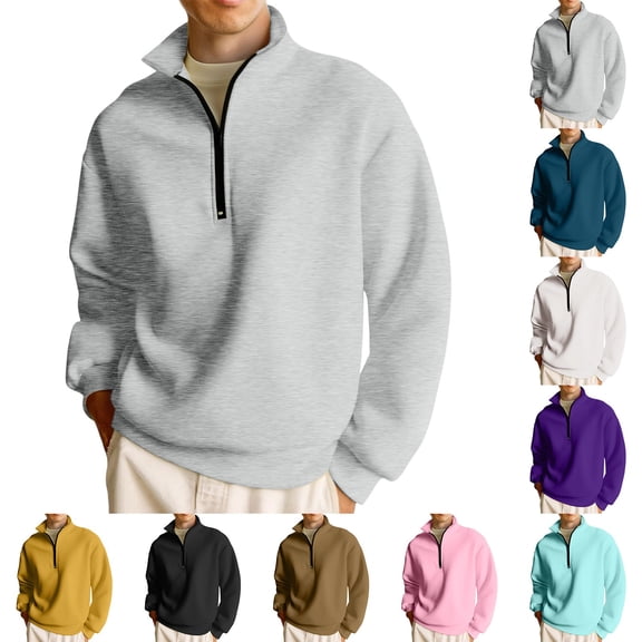 Thermal Fleece Men's Sweatshirts Quarter Zip Pullover Oversized Half Zip Long Sleeve Warm Polo Sweaters Pink XL