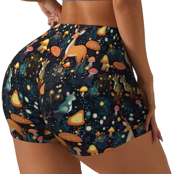 Gukieu Forest Elf Print Women's Sports Shorts, Elastic Waist High Stretch Running Yoga Gym Sweatpants-Small