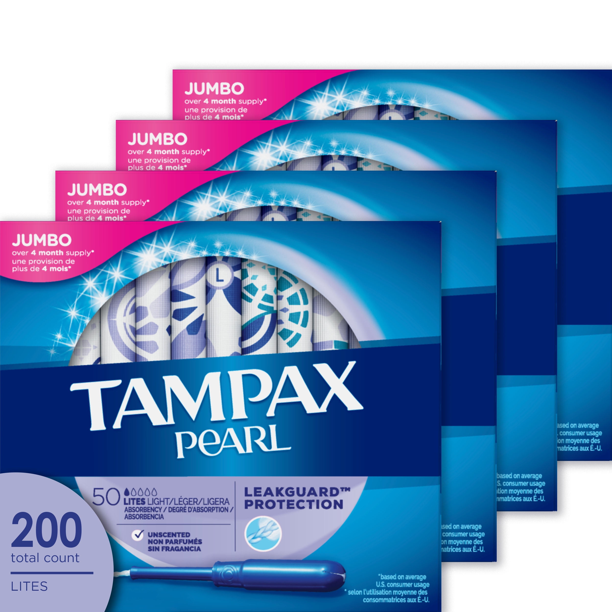 Tampax Pearl, Plastic Tampons, Light, Unscented, 200 Ct