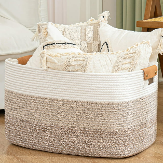 danpinera Cesta para mantas Cesta de almacenamiento tejida de 72 L con asa de cuero Organización de almacenamiento decorativa ecológica en el baño y la sala de estar para toallas 22 ''*17 ''*11.8 '' M