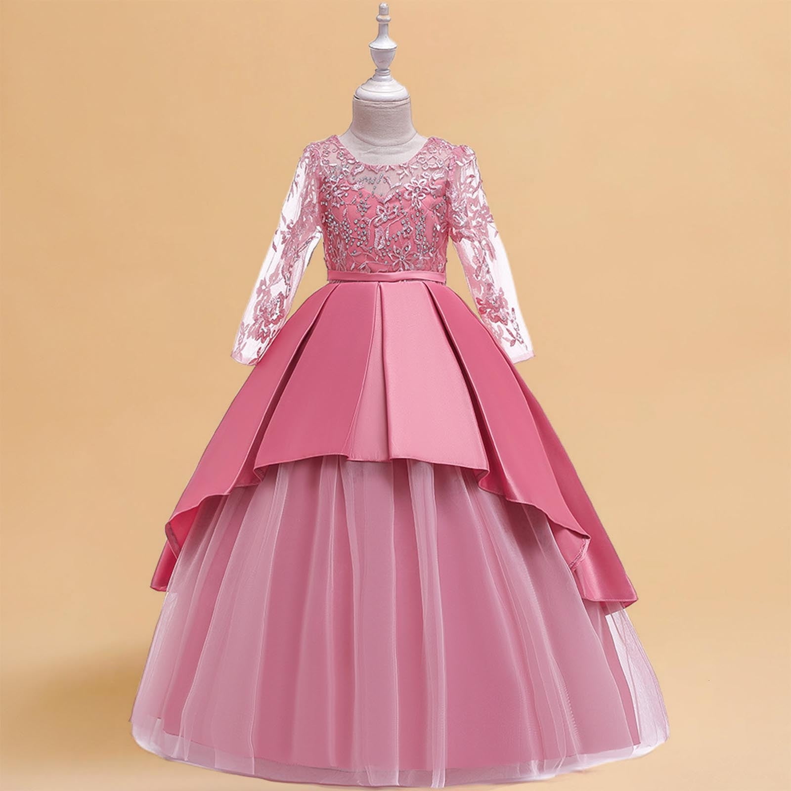 JSGEK Girls Applique Tulle Lace Long Sleeve Dress Princess Wedding Birthday Pageant Party Communion Prom Long Maxi Ball Gown Pink 9 Years