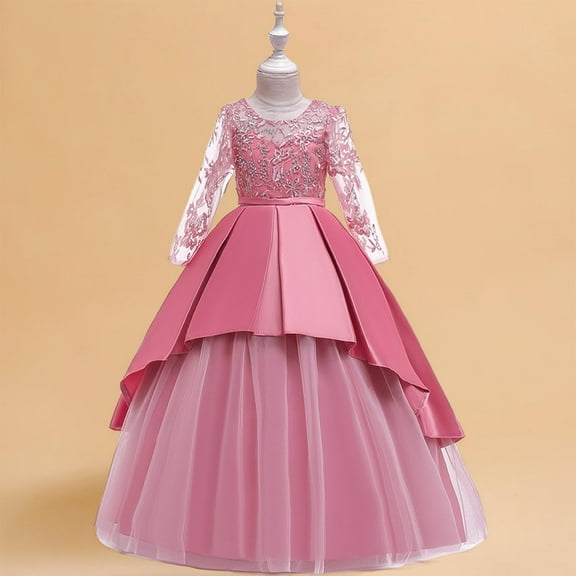 HOMADLES Teen Girls Dress Long Sleeve Roundneck Party Long Dress Girls Sundresses Bow Crewneck Soft Layered Princess Dress Pink 9 T