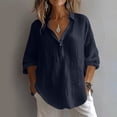 thumbnail image 2 of hoksml Women's Cotton Linen V Neck Blouse, Roll-Up Sleeve Henley Casual Shirt, Loose Fit Top for Daily and Office Wear, 2 of 9